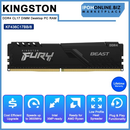 KINGSTON FURY BEAST KF436C17BB/8 8GB 3600MHz DDR4 CL17 DIMM Desktop PC RAM
